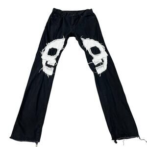 MNML Black Slim Jeans with Distressed White Skull Knees